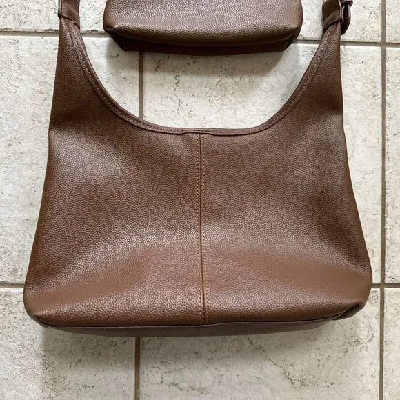 Women's Brown Tote Purse Handbag Faux Leather w/ Makeup Cosmetics Bag - Picture 4 of 16